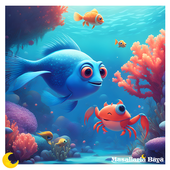 deniz kızı masalı - mavi balık ve yengeç