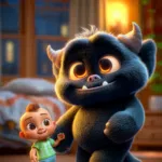 Sevimli karanlık canavar ile küçük bir bebeğin güven dolu arkadaşlığını gösteren masal illüstrasyonu