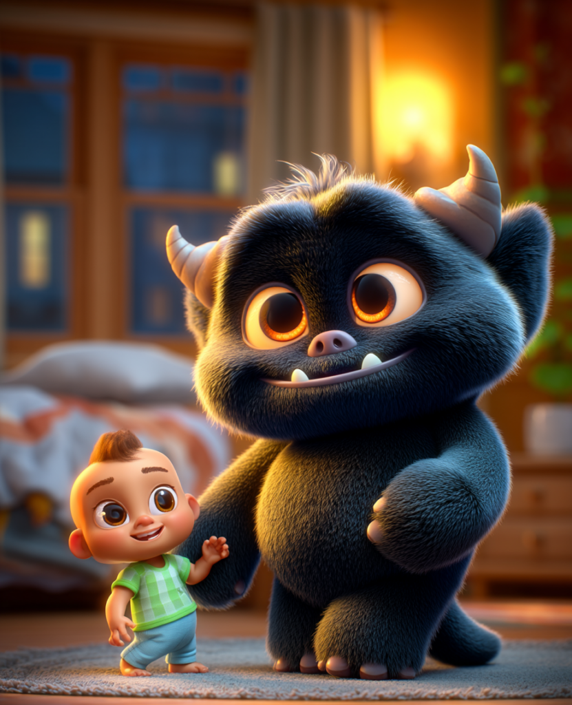 Sevimli karanlık canavar ile küçük bir bebeğin güven dolu arkadaşlığını gösteren masal illüstrasyonu