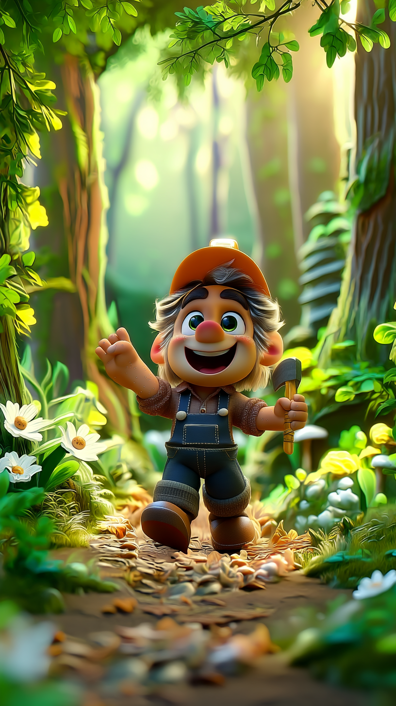 Yeşil ormanda elinde baltasıyla yürüyen mutlu oduncunun masaldaki sahnesi