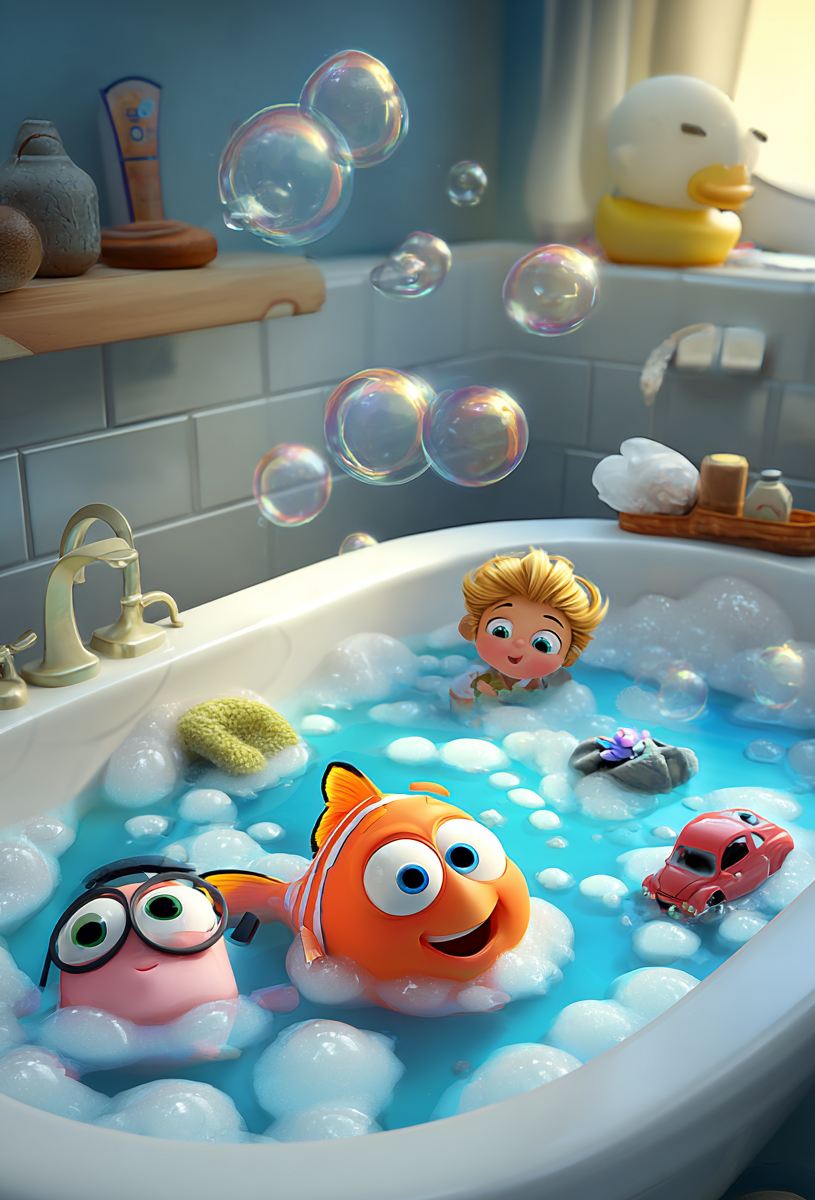 Oyuncaklarla dolu köpüklü küvetin masaldaki sahnesi