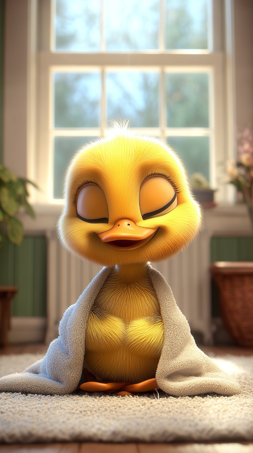 Banyo sonrası havluya sarılmış huzurlu yavru ördek sahnesi