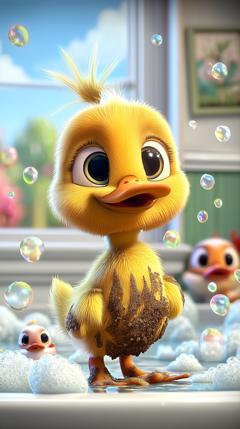 Çamura bulanmış sarı yavru ördek flufy'nin banyo zamanı kapak görseli