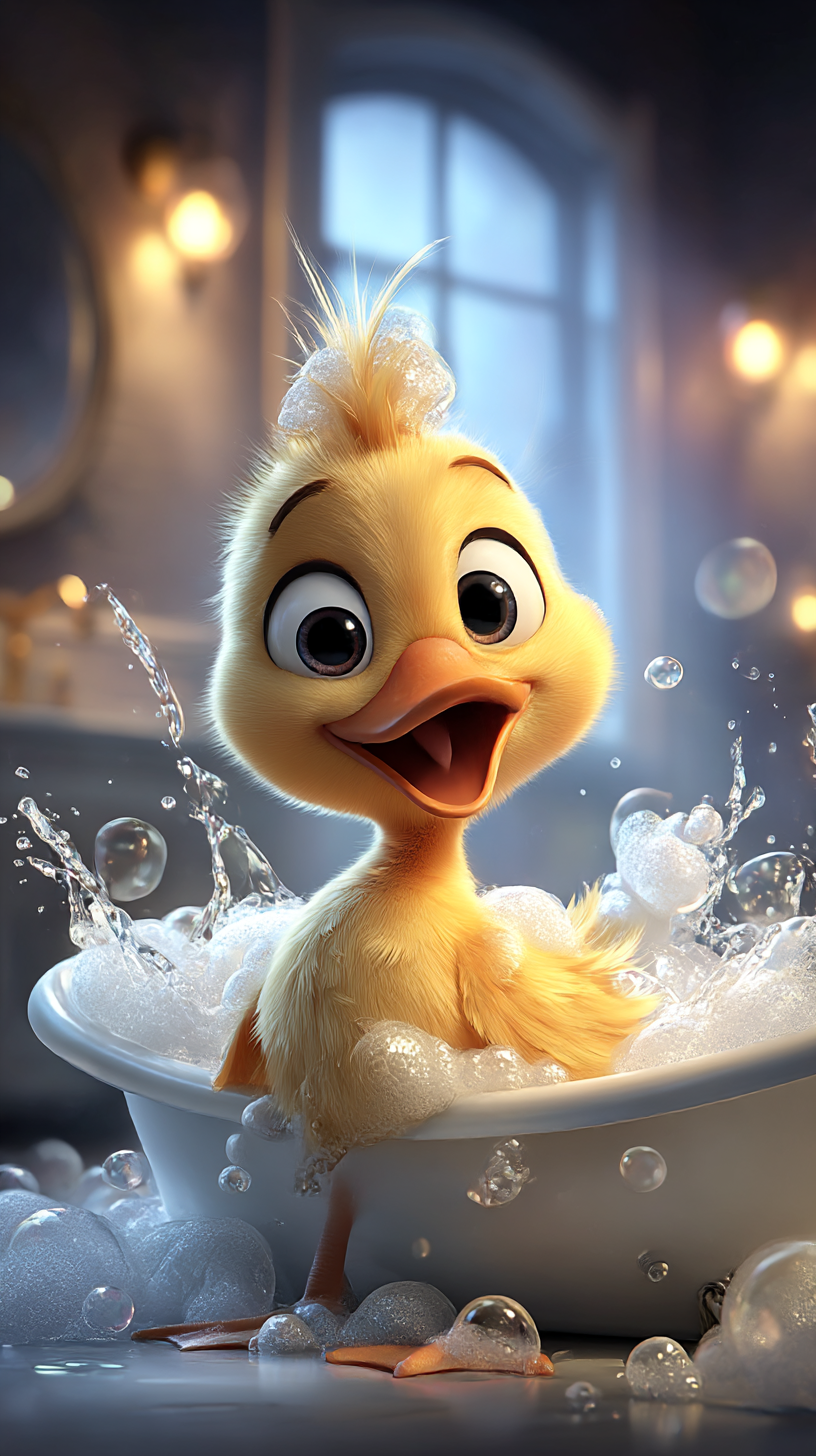 Köpükler içinde küvette yıkanan yavru ördeğin masal sahnesi