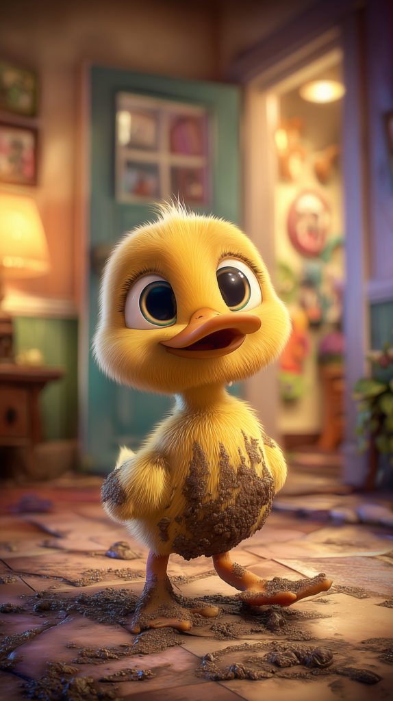 Çamura bulanmış sarı yavru ördeğin masaldaki ilk sahnesi