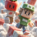 Bulutların üzerinde geçen Roblox parkurunda, sabırla ilerleyen küçük oyuncu ve hile yaparken domatese dönüşen Pro karakter.