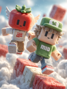 Bulutların üzerinde geçen Roblox parkurunda, sabırla ilerleyen küçük oyuncu ve hile yaparken domatese dönüşen Pro karakter.