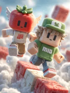 Bulutların üzerinde geçen Roblox parkurunda, sabırla ilerleyen küçük oyuncu ve hile yaparken domatese dönüşen Pro karakter.