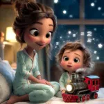 Anne yanında yatağında oturan bebeğin uykuya hazırlanırken hayali rüya treniyle sakinleştiği güvenli uyku masalı sahnesi