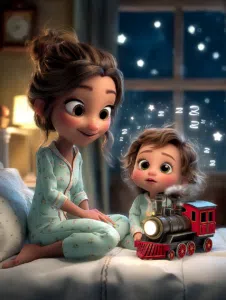 Anne yanında yatağında oturan bebeğin uykuya hazırlanırken hayali rüya treniyle sakinleştiği güvenli uyku masalı sahnesi