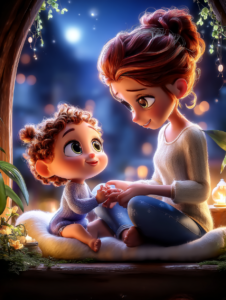 Anne kucağında oturan bebeğin ellerini sevgiyle tutan anne, güvenli ve huzurlu bir ortamda geçen bebek masalı sahnesi