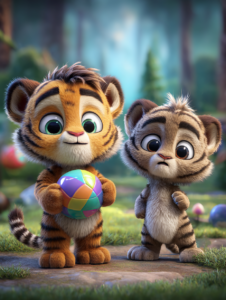 Topunu karnına saklayan minik kaplan Tırmık ile sabırla bekleyen arkadaşı Leo’nun ormanda oynadığı 2 yaş masalı sahnesi