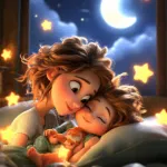 Annesi ile yanak yanağa vermiş bir bebeğin ay ve yıldızlar eşliğinde huzurla uykuya hazırlandığı bebek masalı sahnesi