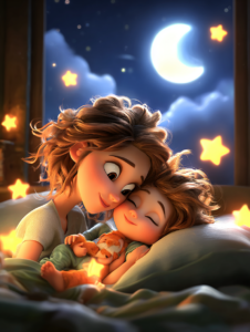 Annesi ile yanak yanağa vermiş bir bebeğin ay ve yıldızlar eşliğinde huzurla uykuya hazırlandığı bebek masalı sahnesi