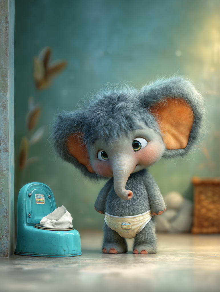 2 yaş için tuvalet alışkanlığı masalı: bezli küçük fil Momo ve banyoda sessizce bekleyen mavi lazımlık