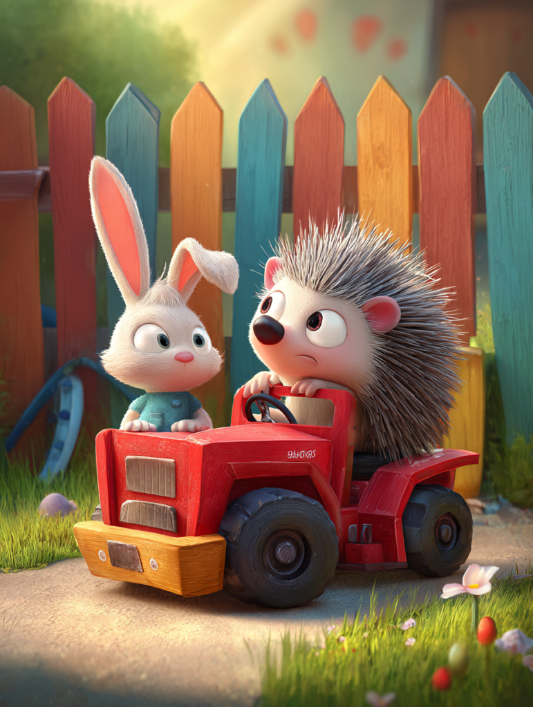 Kırmızı kamyonunun üstüne oturan minik kirpi Diken ve yanında sabırla bekleyen tavşanın yer aldığı 2 yaş masalı sahnesi