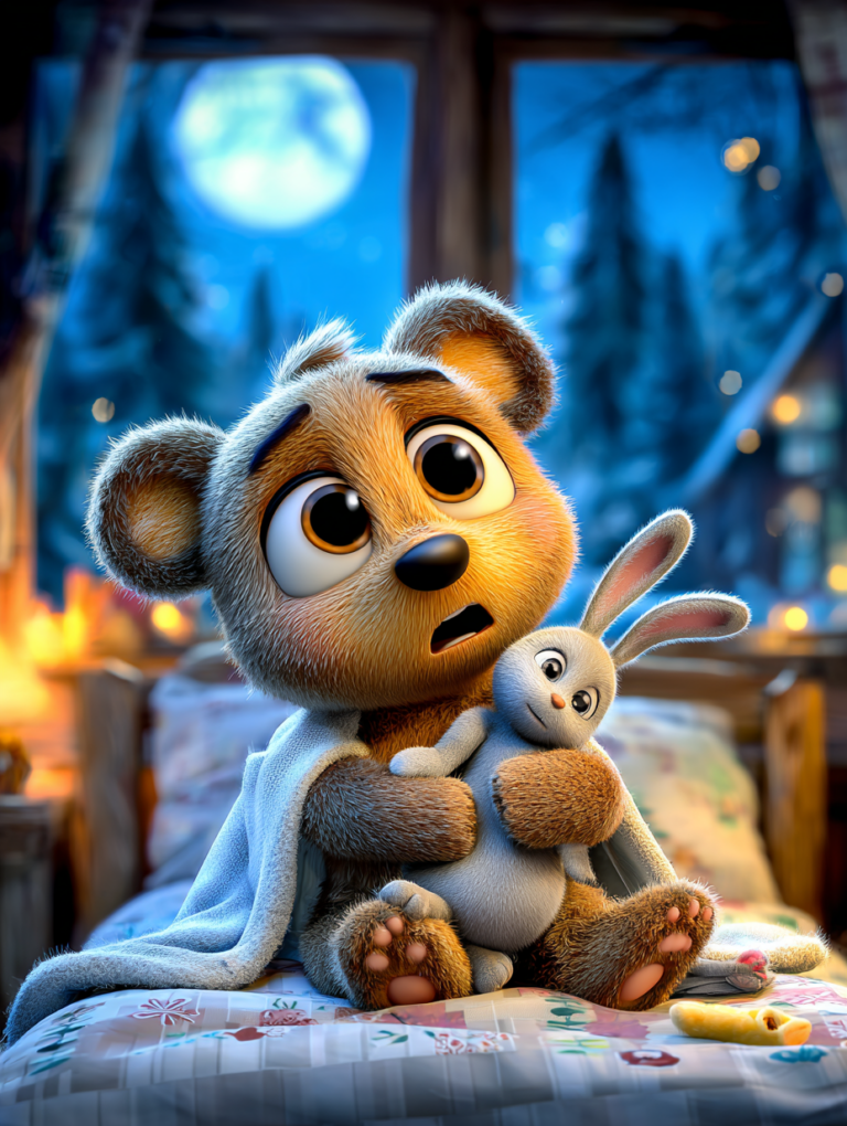 Uyumak istemeyen minik ayı masalı kapak görseli, gece yatağında sakinleşmeye çalışan küçük ayı