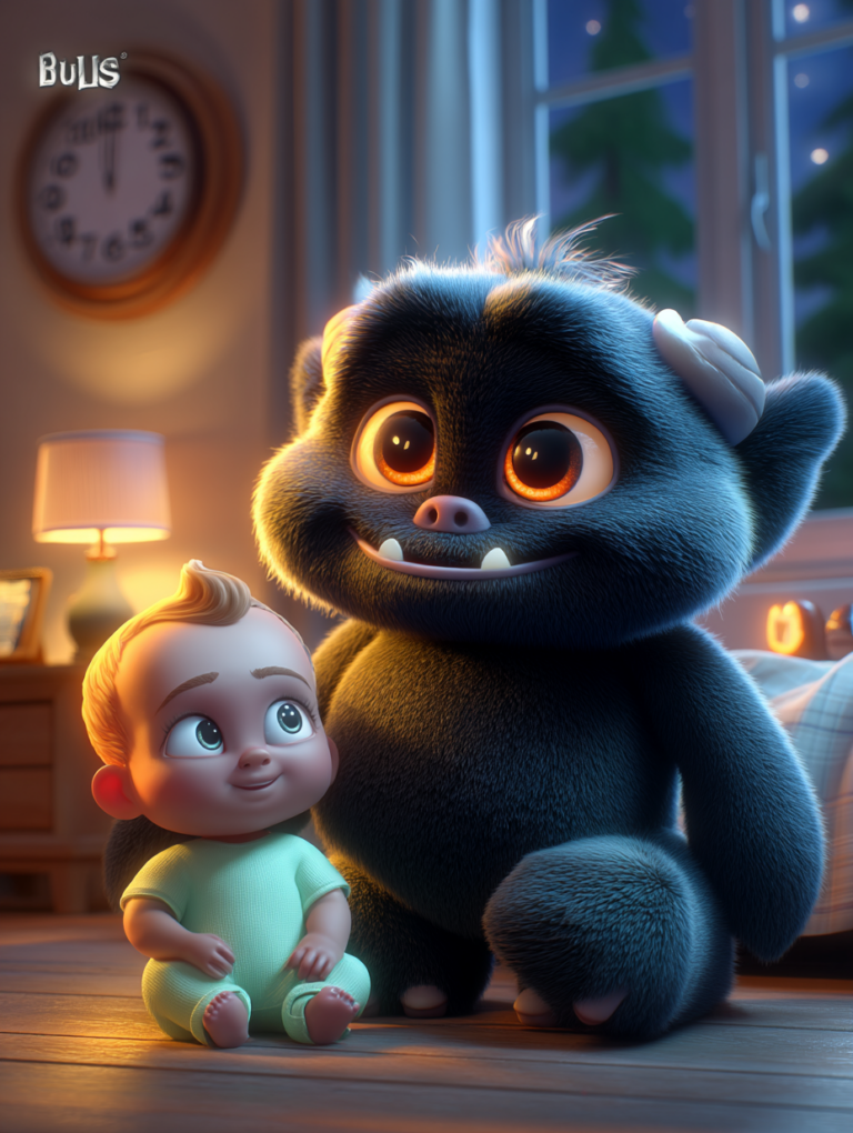 Sevimli karanlık canavar ve bebeğin gece seslerini dinlediği huzurlu masal sahnesi