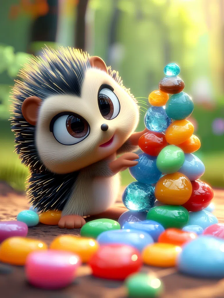 Kirpi renkli cam taşlarla gökkuşağı kulesi yapıyor – Kirpi ve Gökkuşağı Kulesi 7-8 yaş öfke kontrolü okul masalı görseli