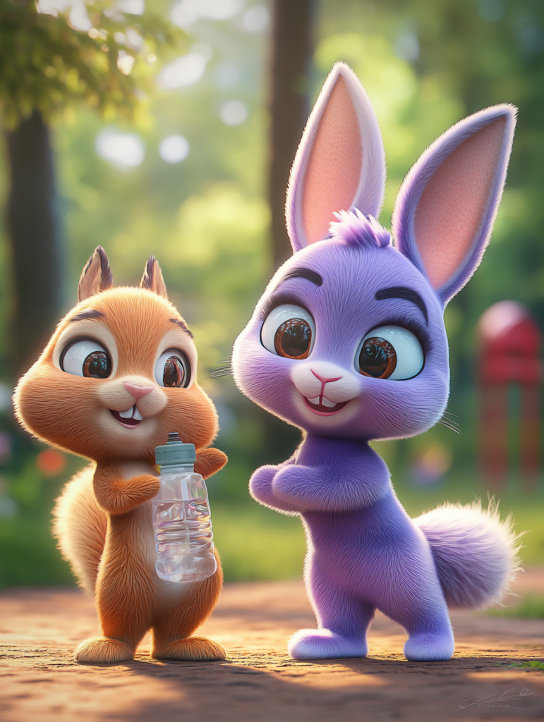 Okul bahçesinde matara getiren sincap ve şaşkın mor tavşan