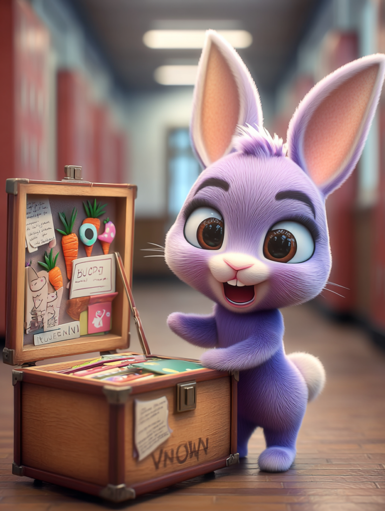 Kayıp eşyalar kutusunu açan mor tavşan, okul masalı sahnesi