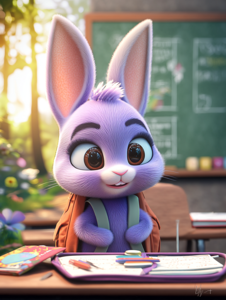Çantası boş kalan üzgün mor tavşan, okulda eşya unutma masalı sahnesi