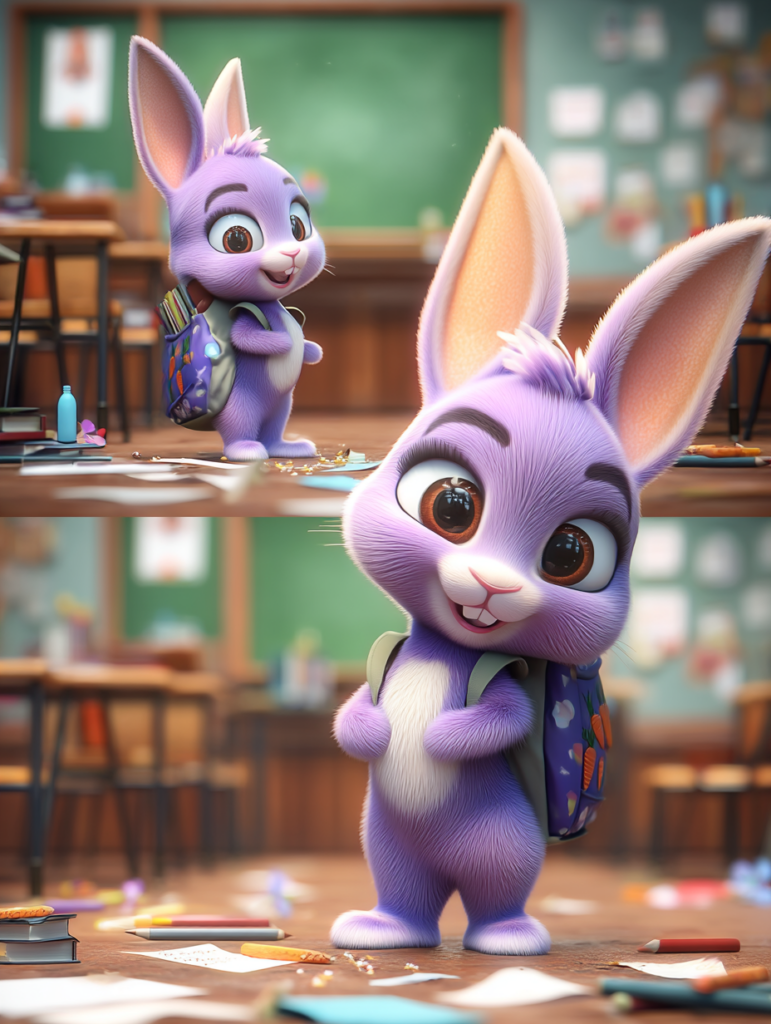 Okulda dağınık sınıfta eşyalarını unutan mor tavşan, eşya unutkanlığı masalı sahnesi