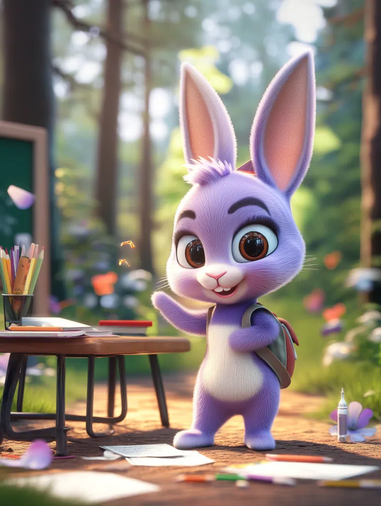 Ormandaki okul sırasında oturan mor tavşan, yerde kağıtlar ve kalemler bulunan 7–8 yaş resimli masal kapağı
