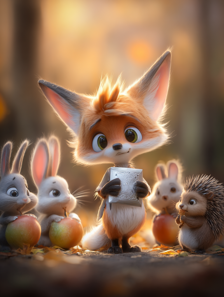 Tilki ve Gümüş Kese masalı kapak görseli, gümüş keseyi tutan tilki ve orman okulunda dürüstlük teması